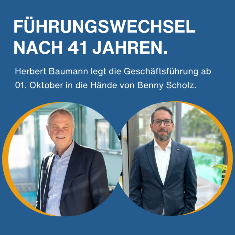 Herbert Baumann übergibt die Geschäftsführung von Baumann Wintergarten nach 41 Jahren am ersten Oktober 2025 an Benny Scholz. Beide Männer sind auf dem Bild zu sehen